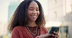 Phone, happy and African woman with smile in city online for social media, networking and internet. Communication, smile and female person on smartphone for chatting, connection and mobile app