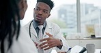 Discussion, healthcare and team of doctors in an office in the hospital for diagnosis treatment plan. Professional, conversation and African medical workers talking on consultation at medicare clinic
