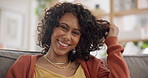 Couch, hair and portrait of happy woman relax in a home with natural hairstyle in a home or apartment with smile. Haircare, beauty and confident young person on a sofa in Brazil in a living room