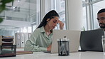 Business woman, headache and laptop in meeting for stress, pain and time management, fail or online mistake. Professional employee or worker on computer, migraine or frustrated for error in workspace