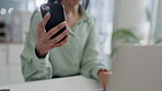 Business woman, hands and phone in research, communication or online networking on office desk. Closeup of female person or employee working on laptop and mobile smartphone app at the workplace