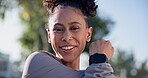 Portrait, fitness and woman stretching for exercise in nature doing warm up for outdoor workout to be healthy. Calm, relax and young person or athlete training for wellness or sports performance