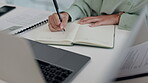 Business woman, hands and writing in book for schedule reminder, tasks or planning on office desk. Closeup of female person employee taking notes with pen in notebook, agenda or calendar at workplace