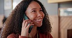 Phone call, conversation and young woman in a coffee shop working on a freelance project. Communication, technology and female freelancer on a mobile discussion with a cellphone in a cafeteria.