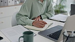 Writing, schedule and hands of business person in office for planning, research and administration. Proposal, information and strategy with closeup of employee and notebook for solution and idea