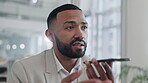 Businessman, phone call and hands talking on speaker in communication, conversation or proposal at office. Man or employee speaking on mobile smartphone app, voice note or discussion at the workplace