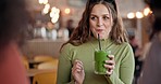 Women friends, talk and smoothie in cafe, green drink and happy for health, nutrition and juice with taste. Gen z girl, milkshake or diet with group, students and chat in restaurant, diner and cafe