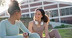 Fitness, outdoor and girl friends in conversation while relaxing after a health workout. Gen z, smile and happy young women talking, bonding and resting together after sports training or exercise.