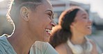 Fitness, conversation and girl friends laughing for a comic or funny joke after an outdoor workout. Gen z, smile and happy young women talking, bonding and relaxing after sports training or exercise.