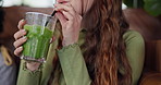 Drink, smoothie and hands of woman in restaurant with healthy, green tea or cocktail of juice with fruits and vegetables. Drinking, matcha or girl in vegan coffee shop with liquid fruit or nutrition