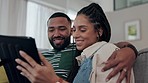 Happy couple, tablet and chat on sofa in home living room for love, movies and streaming internet show. Woman, man and hug with digital technology for social media, subscription app and download game