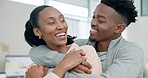 Happy, hug and a black couple in a house for love, talking and bonding together. Smile, date and an African man and woman with care, conversation and laughing in a marriage or relationship in a home