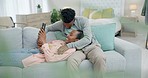 Relax, talking and a black couple with a phone on the sofa for social media or communication. Happy, together and an African man and woman on the home couch with a mobile for an app or connection