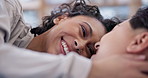 Love, lgbt couple smile and hug with happy eyes for love, connection and commitment inside apartment. Lesbian, women and happiness with trust and touch for communication in relationship on sofa