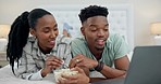 Popcorn, relax and couple on laptop for movie, online streaming and watching film at home. Bed, love and happy African man and woman in bedroom with snack series subscription on computer for bonding