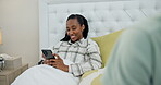 Phone, smile and black woman typing in bed, social media and search online in home. Smartphone, happy and African person in bedroom on internet, communication and scroll on website app in the morning