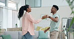 Love, dancing and happy black couple in living room together for care, happiness and bonding to music in home. Romantic, man and woman enjoy quality time in an intimate moment with trust in apartment