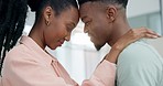Home, hug and black couple with love, forehead and bonding with relationship, marriage and talking in a lounge. Romance, man or woman embrace, conversation and dance with support and loving together