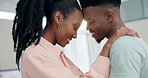 Home, hug and black couple with love, forehead and marriage with relationship, support and happiness in a lounge. Romance, African man and woman embrace, care and romantic with bonding and commitment