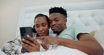 Relax, bed and black couple on a phone browsing on social media, mobile app or the internet. Happy, love and young African man and woman networking on a cellphone together in the bedroom at home.