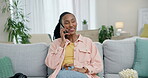 Phone call, smile and a black woman on a sofa in the living room of home for conversation or to relax. Mobile, contact and a happy young person chatting in her modern apartment on the weekend