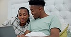 Technology happy and black couple in bed with laptop browsing on social media or the internet. Smile, conversation and young African man and woman networking online together with computer in bedroom.