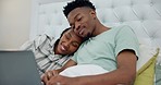 Love, happy and black couple in bed with a laptop browsing on social media or the internet. Smile, technology and young African man and woman networking online together with computer in their bedroom