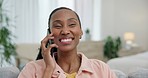 Phone call, happy and a black woman on a sofa in the living room of home for conversation or to relax. Mobile, contact and smile with a young person chatting in her modern apartment on the weekend