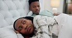 Frustrated black couple, fight and divorce in bed argument, disagreement or conflict at home. Unhappy African man and woman in dispute, ignore or cheating affair and toxic relationship in bedroom