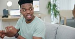 Couple, conversation and conflict, black man is frustrated with list and challenge with communication and relationship crisis. Black people, fight and problem solving, mistake and solution with drama