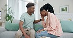 Couple, conversation and conflict, anger and sad with betrayal and challenge with communication and relationship crisis. Black people, fight and problem solving, mistake and fail with drama at home