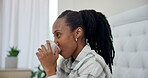 Black woman, thinking and drinking coffee in bed to relax in morning with a smile and comfort. African female person in a bedroom with a tea cup for wake up, happy memory and wellness in an apartment