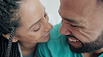 Happiness, face and bedroom couple conversation, funny discussion and chat about love, morning rest or marriage trust. Partner, home or happy relax man, woman or people care, support and happy on bed