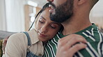 Love, hug and face of couple bond, care and enjoy quality time together, wellness and connect in Venezuela. Lounge sofa, home and relax woman, man and marriage people embrace, cuddle and support
