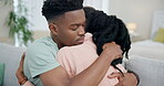 Hug, support and black couple with love and comfort for sad feeling by partner with anxiety, stress and worry. Together, care and people with grief in a relationship and partner help with empathy