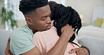 Hug, care and black couple with love and comfort for sad feeling by partner with anxiety, stress and worry. Together, support and people with grief in a relationship and partner help with empathy