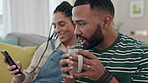 Relax, coffee and phone with couple on sofa for social media, search and communication. Happy, post and network with man and woman drinking tea in living room at home for news, online and mobile app