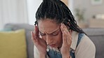 Headache, pain and black woman on sofa for stress, burnout and migraine symptom at home. Mental health, depression and frustrated person massage head for problem, crisis and anxiety in living room