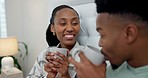 Bedroom, smile and black couple with coffee, love and happiness with cappuccino, home and bonding. Happy people, man and woman with morning tea, bed and calm on a weekend, loving together and talking