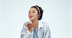 Happy woman, face and blow kiss with hands in studio for love, care and romantic flirting on white background. Portrait of model, smile and kissing air with emoji, reaction and date on valentines day
