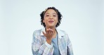 Woman, face and blow kiss in studio for love, care and romantic flirting on white background. Portrait of happy model, laugh and kissing air with hands for emoji, reaction and date on valentines day 