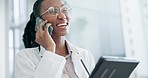 Doctor, woman and laugh with tablet, phone call and consulting for telehealth services, advice or help. Happy african medical surgeon talk on smartphone with digital tech, test results or funny info