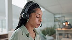 Woman, call center and consulting in customer support, service or telemarketing with headphones at office. Female person, consultant or agent talking in contact us, online advice or help at workplace