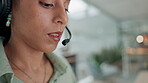 Woman, call center and mouth consulting in customer support, service or telemarketing on headphones at office. Closeup of female person, consultant or agent talking in online advice at workplace