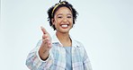 Woman, face and handshake for welcome, meeting and introduction for agreement in studio. Portrait of happy model, shaking hands or offer thanks for networking, partnership or deal on white background