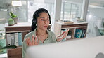 Woman, consultant and call center with headphones in customer service, support or telemarketing at the office. Female person or agent consulting in contact us, online advice or help at the workplace