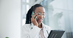 Doctor, woman and phone call, tablet or hospital communication, healthcare service and contact information. Professional medical worker or african person on mobile chat, telehealth or digital support