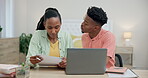 Couple, laptop and document for home budget, finances and paying bills or mortgage online. Black man and woman with paperwork, technology and discussion about savings, insurance or debt payment