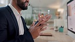 Businessman, hands and consulting in call center, customer service or telemarketing at the office. Closeup of man, consultant or agent talking or explaining in online advice or help at the workplace