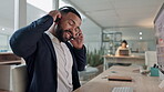 Customer service, call center or businessman on video call consulting in office communication. CRM virtual assistant, wave or friendly salesman speaking or talking online on mic headset at help desk